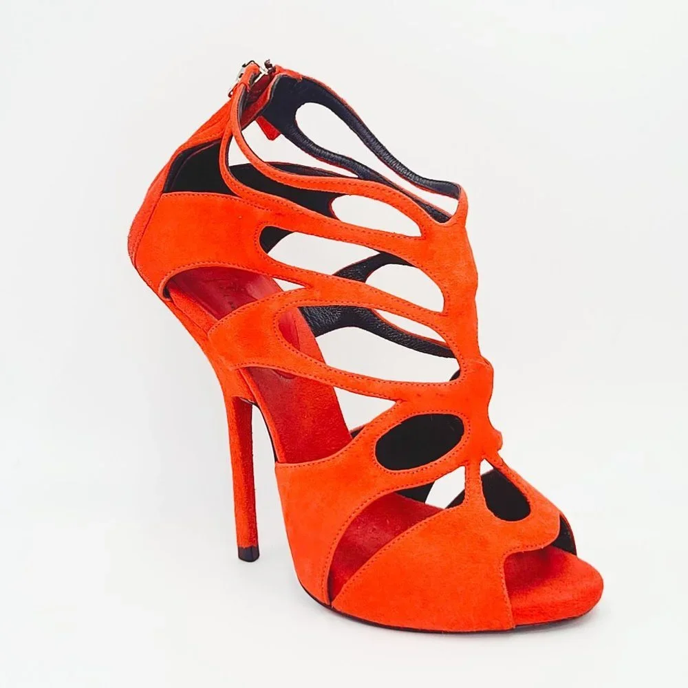 Giuseppe Zanotti Sandals Red Suede Butterfly Cutout Sandals Size 37 - Picture 2 of 6